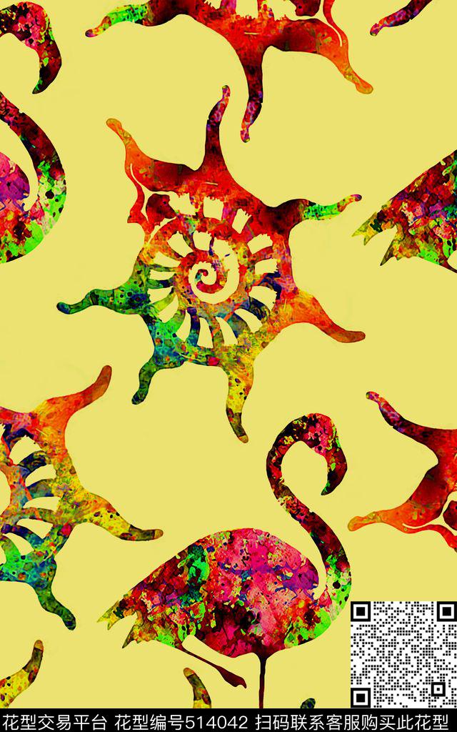 火烈鸟水彩干笔效果数码印花华亿平台下载（图片编号: 514042） - 瓦栏（Walan）