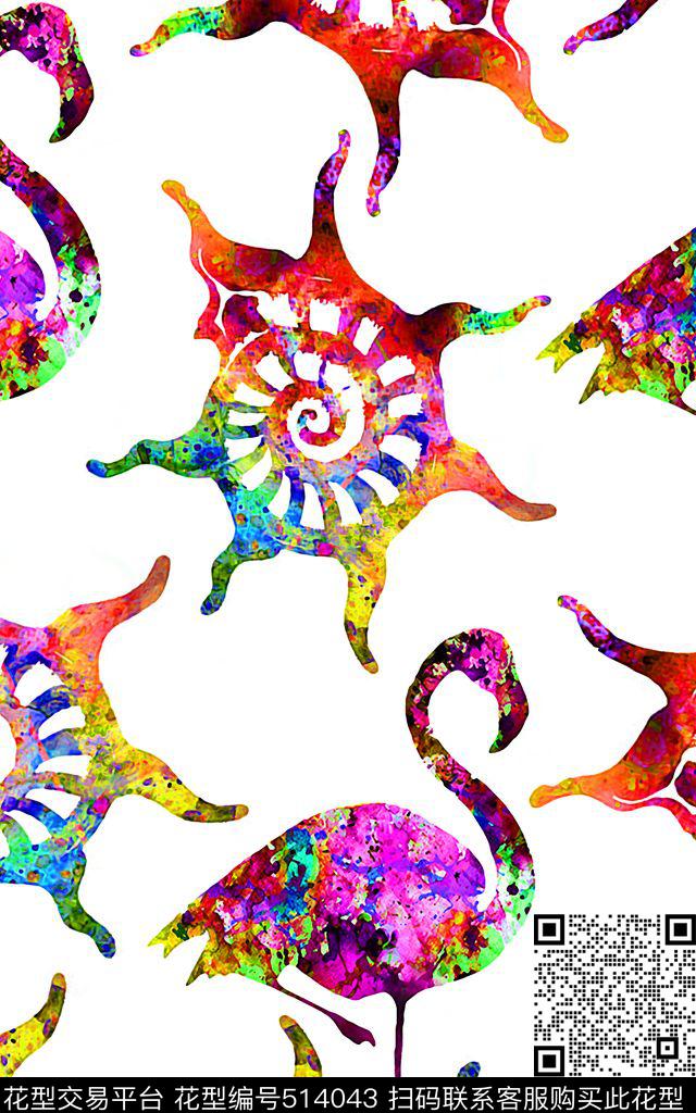 火烈鸟水彩干笔效果数码印花华亿平台下载（图片编号: 514043） - 瓦栏（Walan）