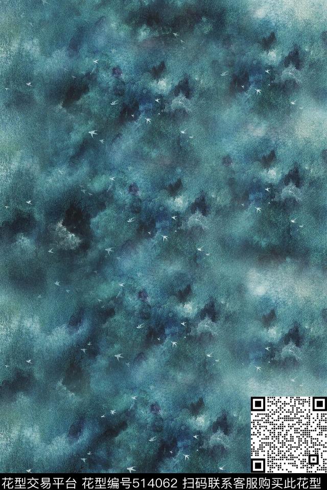 手绘渲染水墨肌理飞鸟数码印花华亿平台下载（图片编号: 514062） - 瓦栏（Walan）