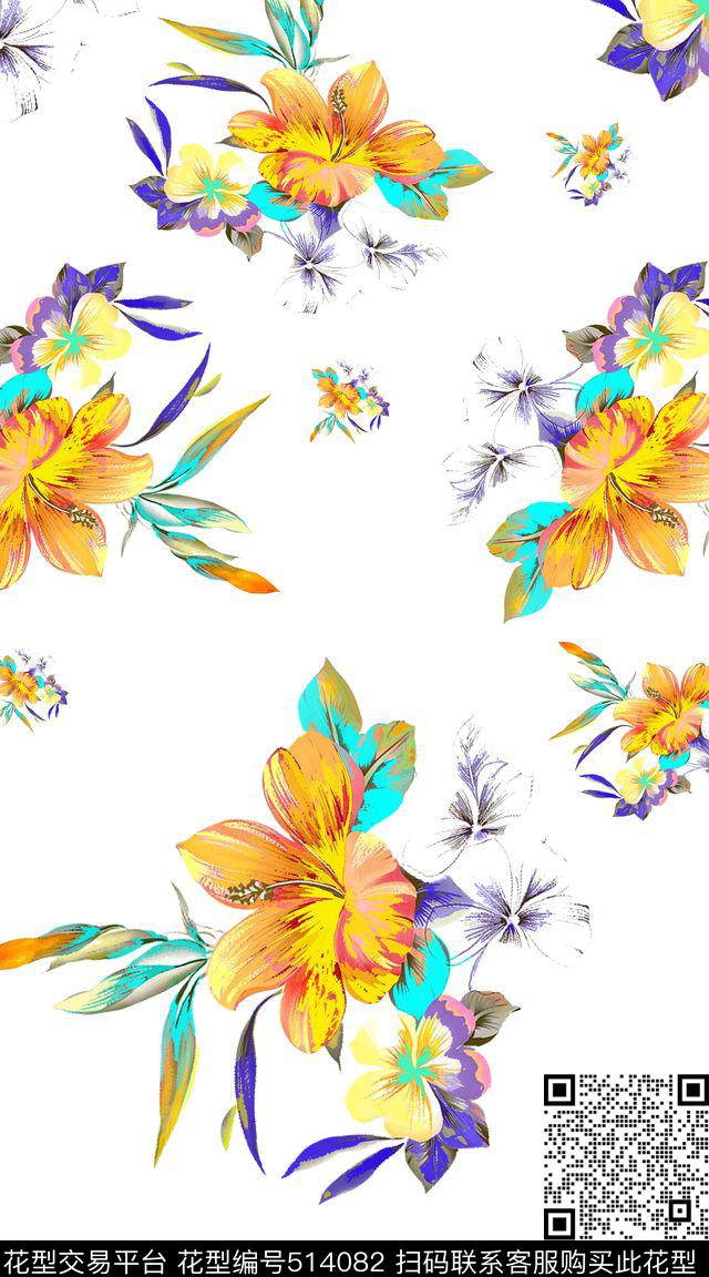 花卉四方连续印花数码印花华亿平台下载（图片编号: 514082） - 瓦栏（Walan）