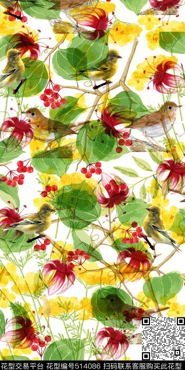手绘喜鹊花卉数码印花华亿平台下载（图片编号: 514086） - 瓦栏（Walan）