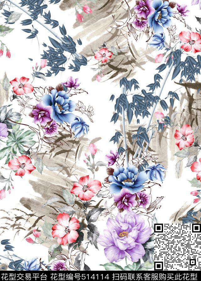中国风花卉水墨数码印花华亿平台下载（图片编号: 514114） - 瓦栏（Walan）