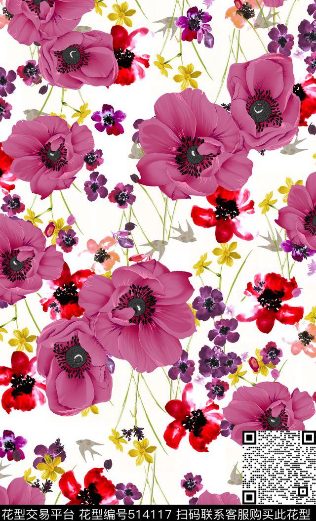 D$G风格手绘罂粟花小花数码印花华亿平台下载（图片编号: 514117） - 瓦栏（Walan）