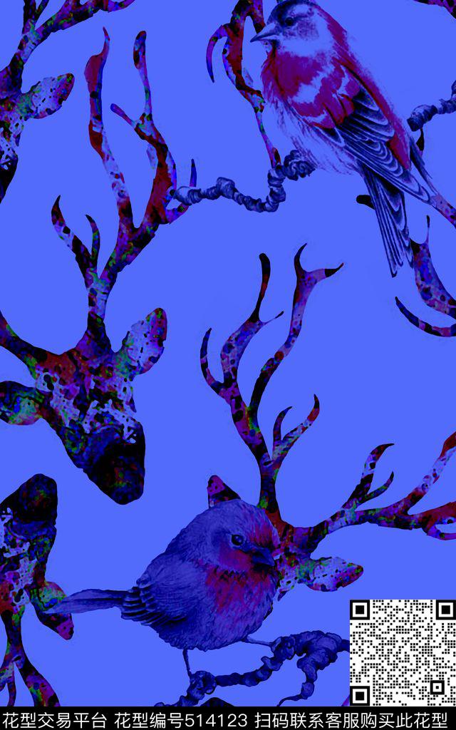 水彩鸟鹿角时尚数码印花华亿平台下载（图片编号: 514123） - 瓦栏（Walan）