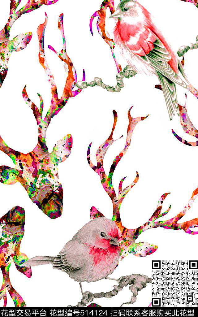 水彩鸟鹿角时尚数码印花华亿平台下载（图片编号: 514124） - 瓦栏（Walan）