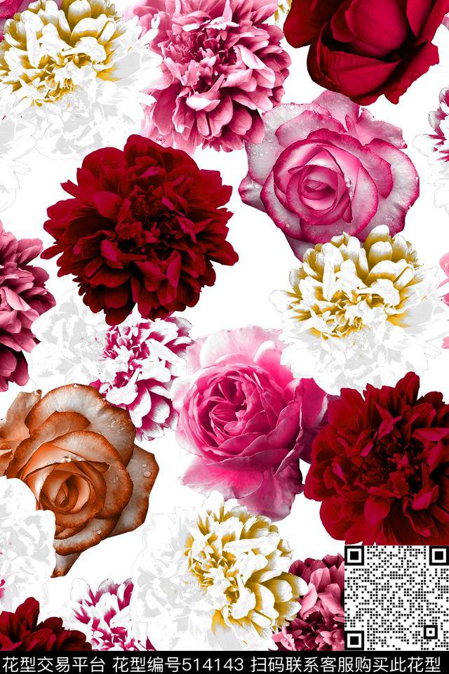 数码花卉花卉大花玫瑰花卉数码印花华亿平台下载（图片编号: 514143） - 瓦栏（Walan）