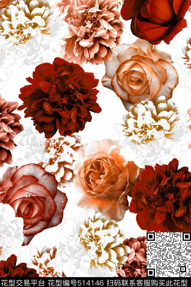 数码花卉花卉大花玫瑰花卉数码印花华亿平台下载（图片编号: 514146） - 瓦栏（Walan）