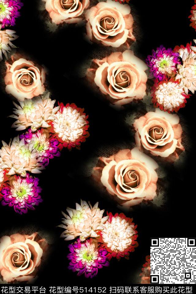 时尚黑底花卉数码印花华亿平台下载（图片编号: 514152） - 瓦栏（Walan）