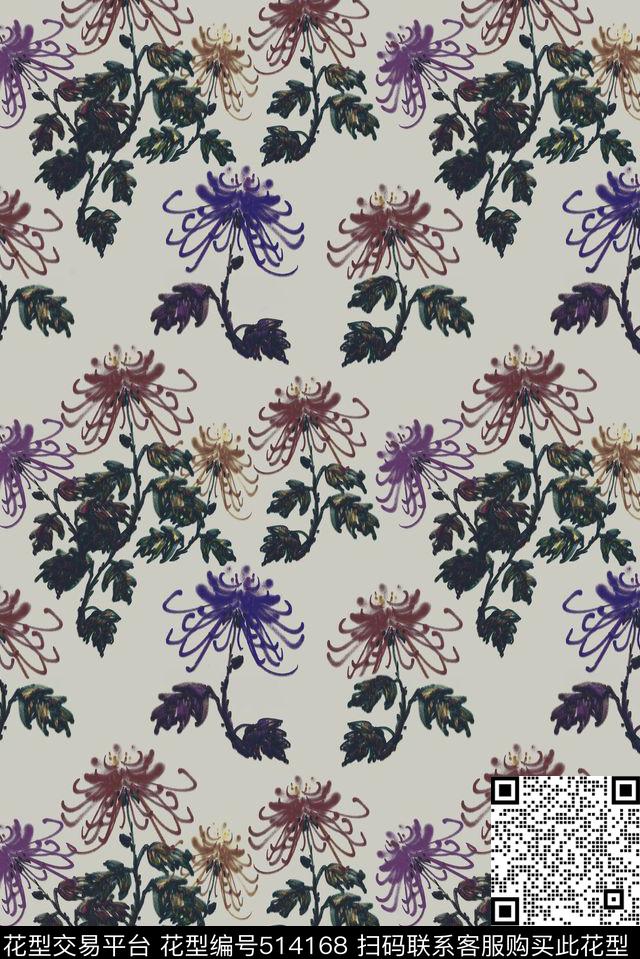 典雅菊花浪漫。数码印花华亿平台下载（图片编号: 514168） - 瓦栏（Walan）