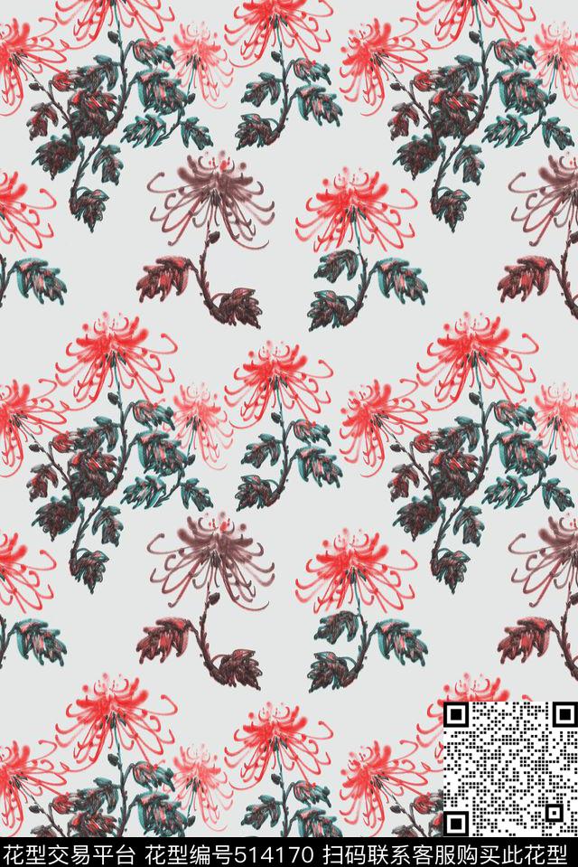 典雅菊花浪漫。数码印花华亿平台下载（图片编号: 514170） - 瓦栏（Walan）