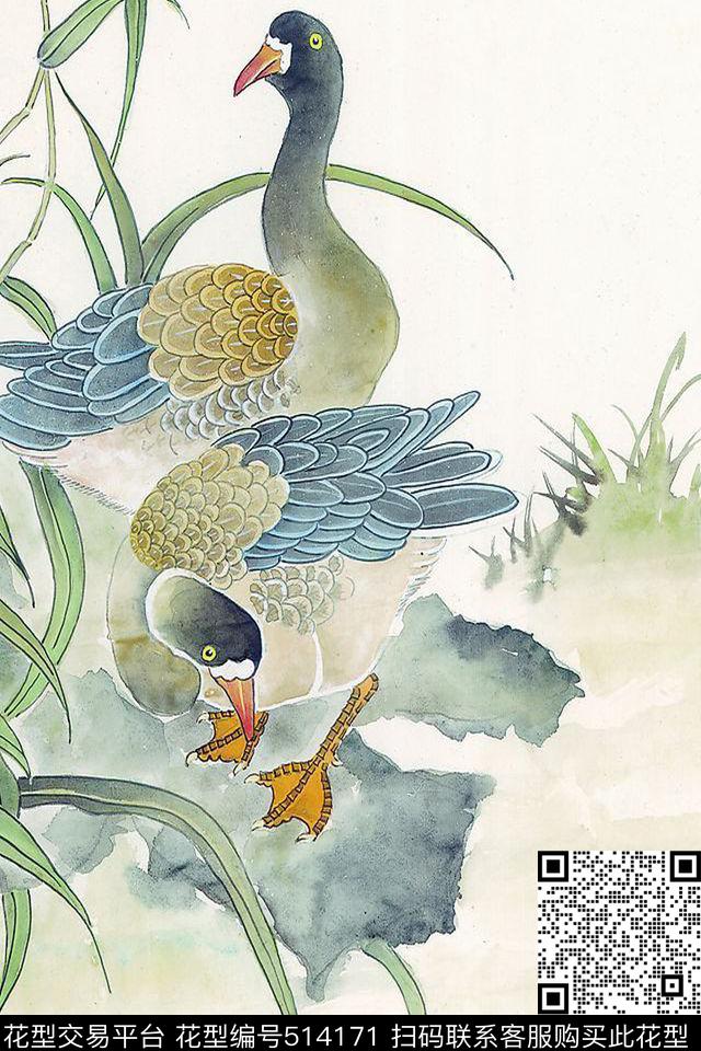 中国风鸭子长叶数码印花华亿平台下载（图片编号: 514171） - 瓦栏（Walan）