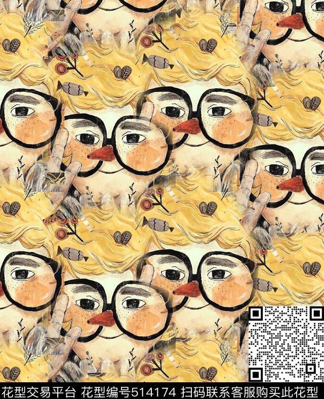 眼镜小毛孩卡通数码印花华亿平台下载（图片编号: 514174） - 瓦栏（Walan）