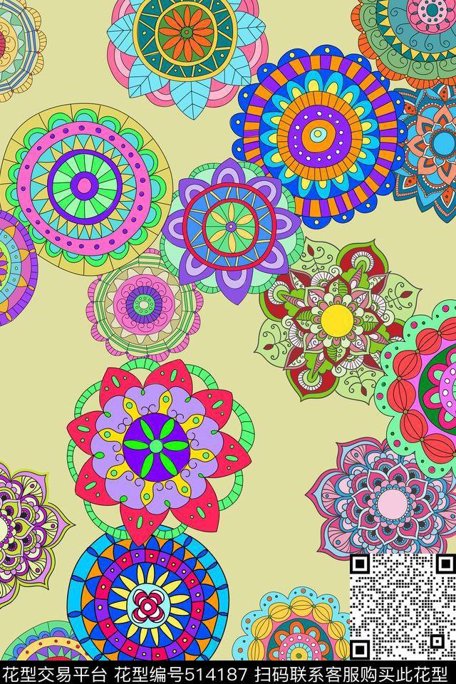曼陀罗圆形花纹民族风传统印花华亿平台下载（图片编号: 514187） - 瓦栏（Walan）