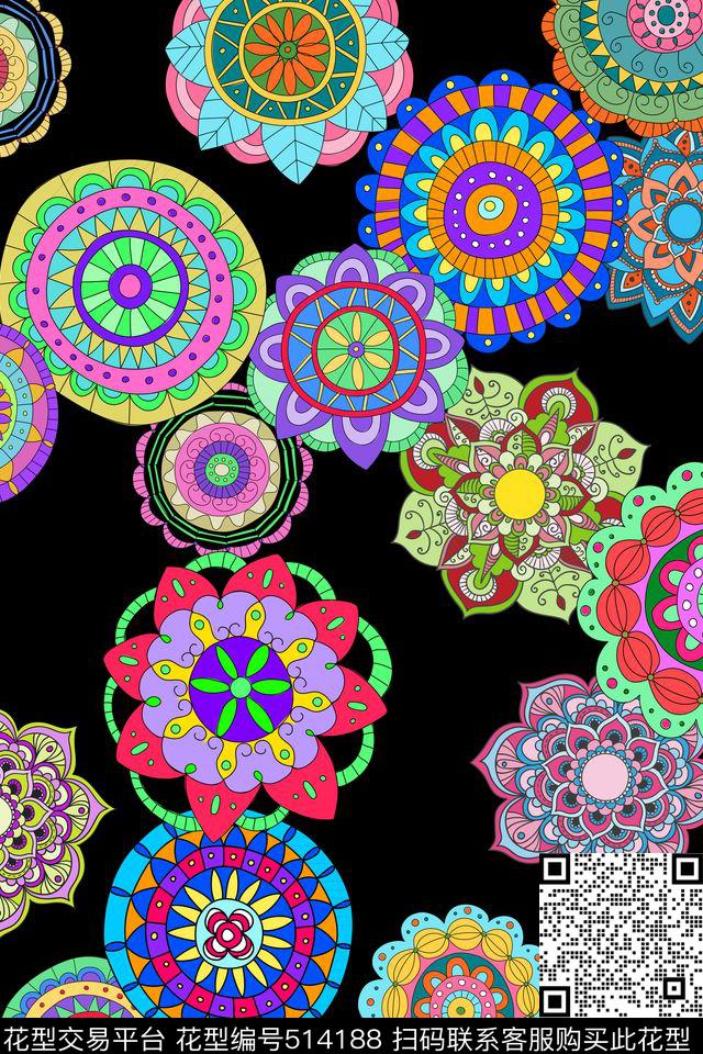 曼陀罗圆形花纹民族风传统印花华亿平台下载（图片编号: 514188） - 瓦栏（Walan）