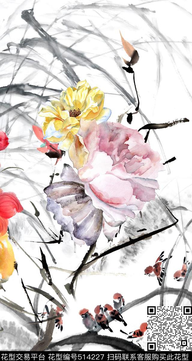 水墨花卉竹子数码印花华亿平台下载（图片编号: 514227） - 瓦栏（Walan）