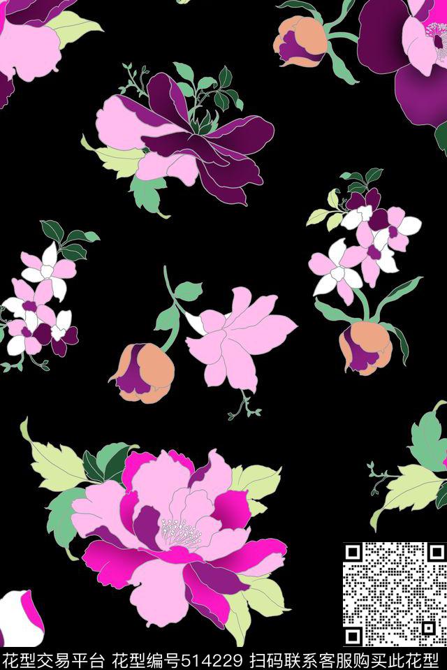 花卉满版华亿平台色块传统印花华亿平台下载（图片编号: 514229） - 瓦栏（Walan）
