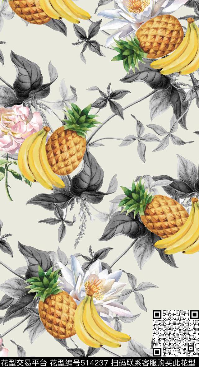 香蕉菠萝花卉数码印花华亿平台下载（图片编号: 514237） - 瓦栏（Walan）