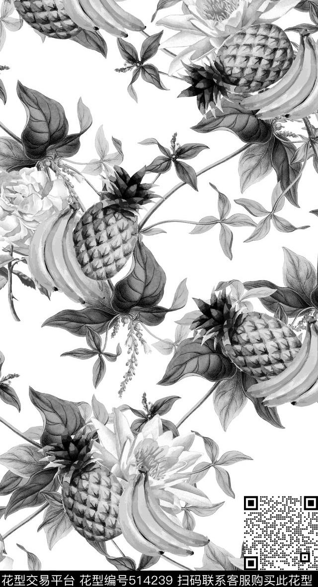 香蕉菠萝花卉数码印花华亿平台下载（图片编号: 514239） - 瓦栏（Walan）