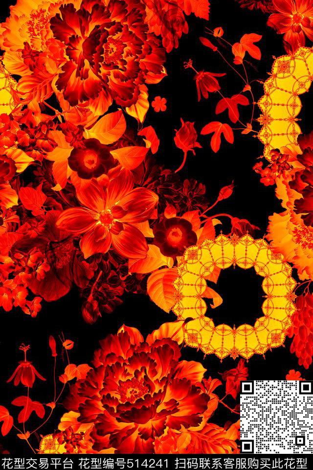 中国风花卉名族纹样衬衫女士长裙礼服数码印花华亿平台下载（图片编号: 514241） - 瓦栏（Walan）