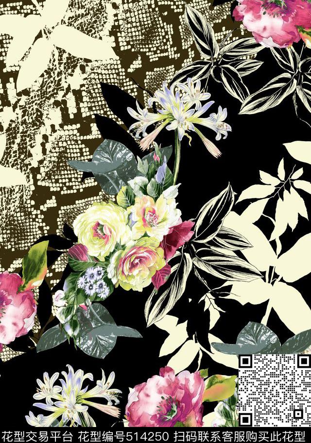 现代组合花卉数码印花华亿平台下载（图片编号: 514250） - 瓦栏（Walan）