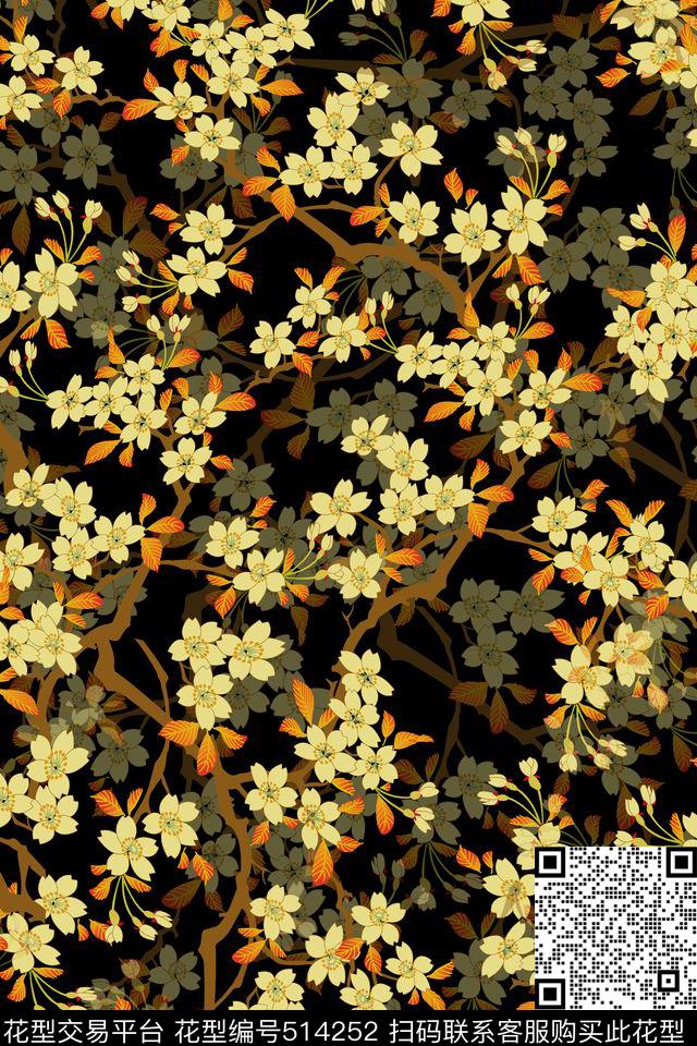 流行时尚中国风树枝数码印花华亿平台下载（图片编号: 514252） - 瓦栏（Walan）