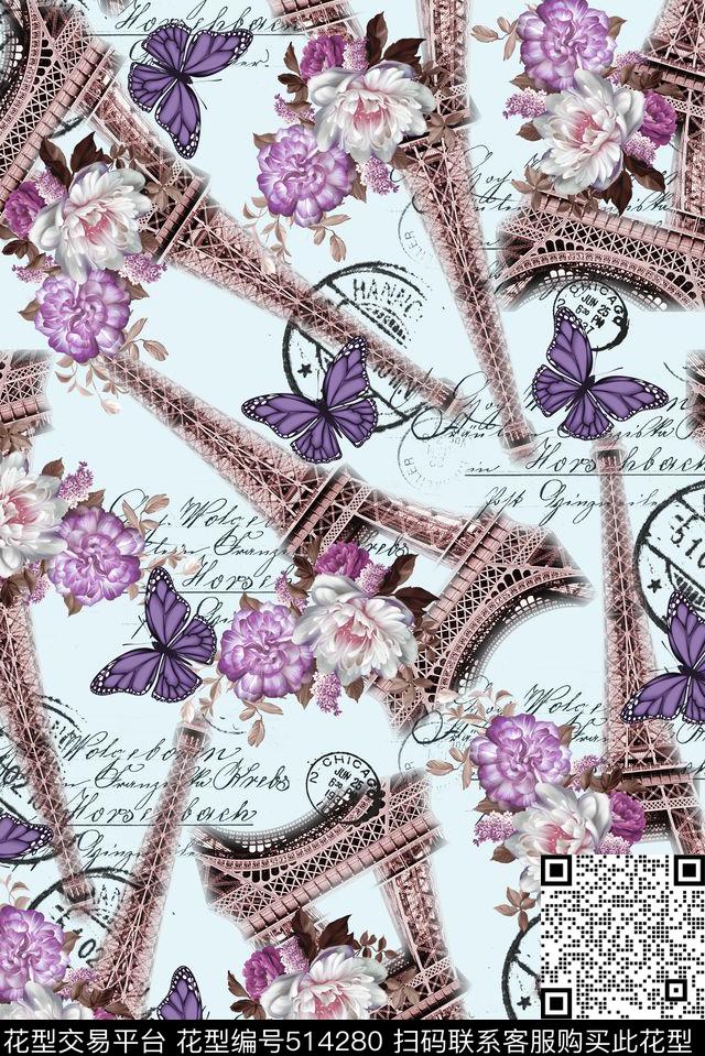 欧式唯美艾菲尔铁塔花朵花卉数码印花华亿平台下载（图片编号: 514280） - 瓦栏（Walan）