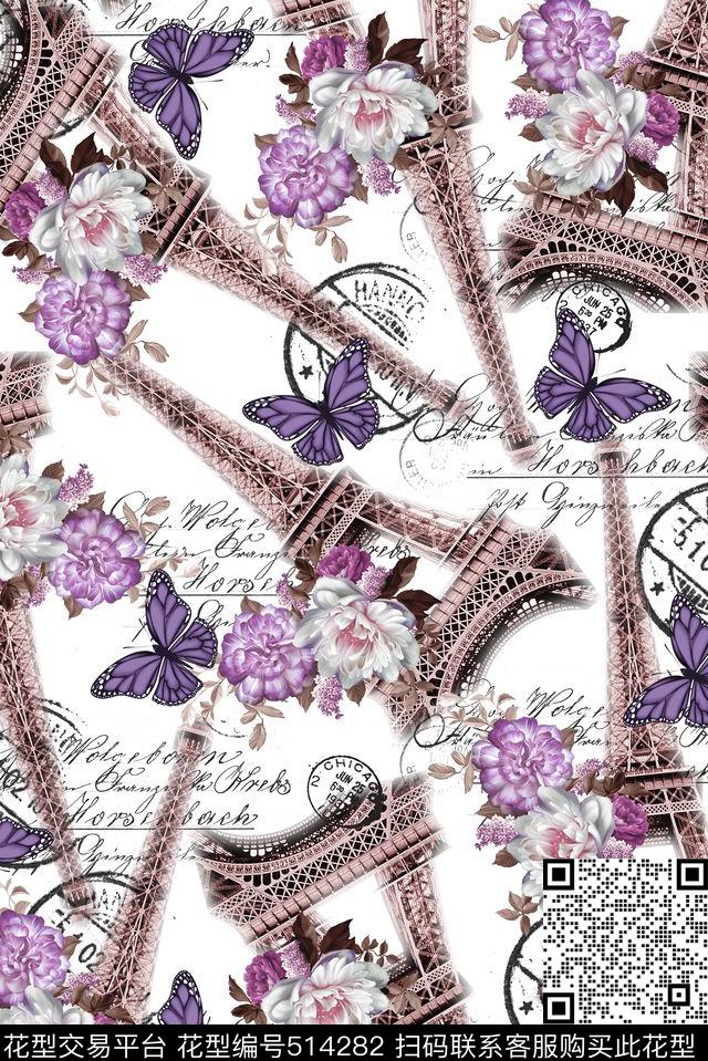 欧式唯美艾菲尔铁塔花朵花卉数码印花华亿平台下载（图片编号: 514282） - 瓦栏（Walan）