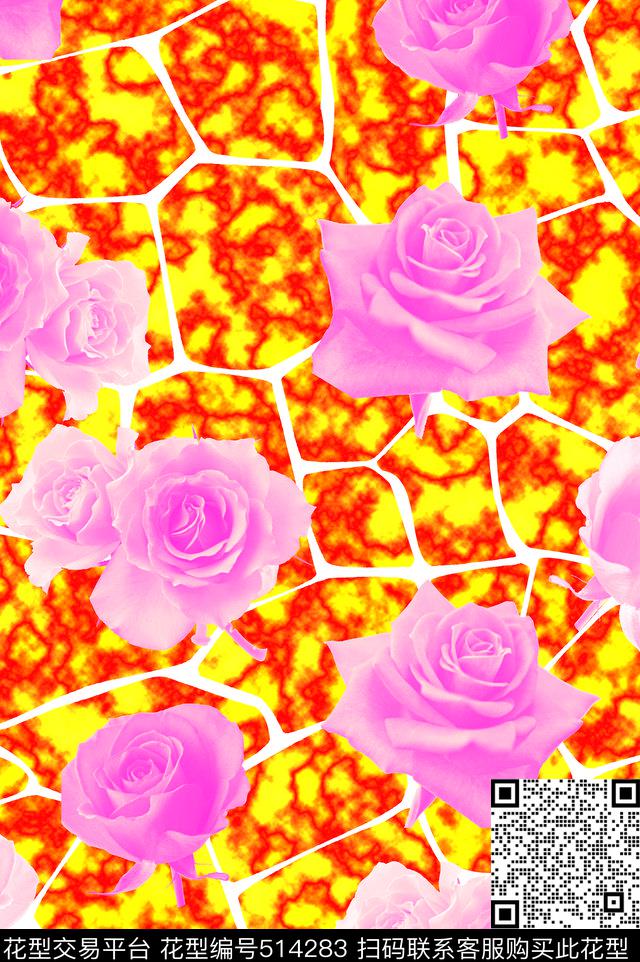 白纹理华亿平台红黄火烧云红玫瑰花数码印花华亿平台下载（图片编号: 514283） - 瓦栏（Walan）