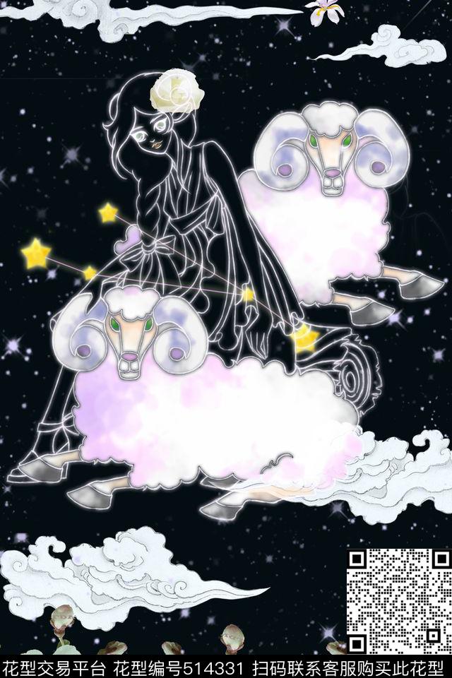 白羊花卉手绘数码印花华亿平台下载（图片编号: 514331） - 瓦栏（Walan）