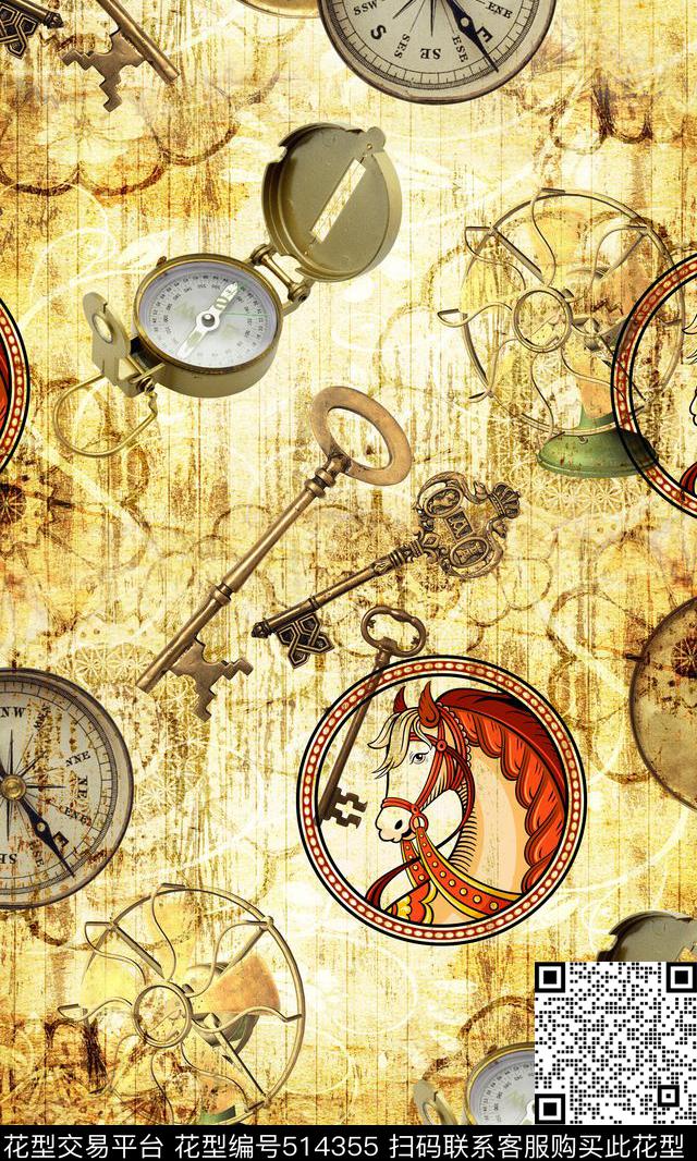 复古复古时钟数码印花数码印花华亿平台下载（图片编号: 514355） - 瓦栏（Walan）