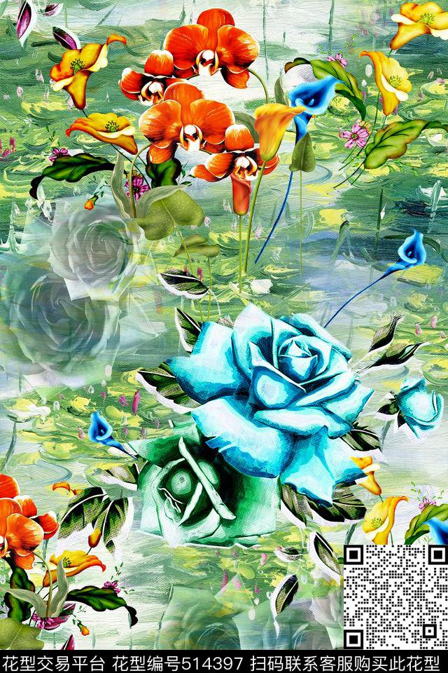 水彩水墨花纹数码印花数码印花华亿平台下载（图片编号: 514397） - 瓦栏（Walan）