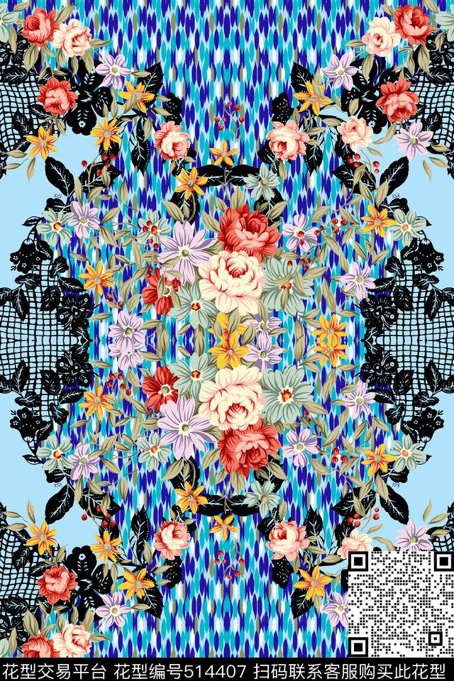 定位几何花卉数码印花华亿平台下载（图片编号: 514407） - 瓦栏（Walan）