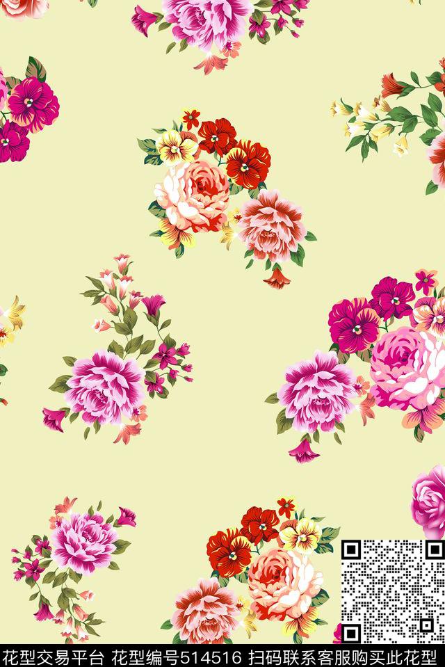 满版花卉手绘数码印花华亿平台下载（图片编号: 514516） - 瓦栏（Walan）