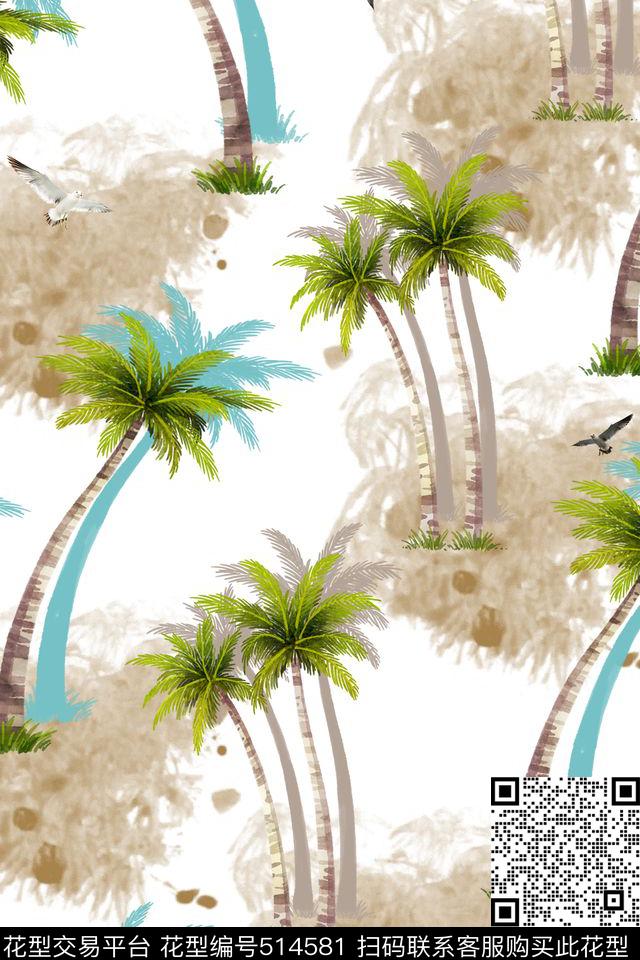 流行时尚热带椰子树传统印花华亿平台下载（图片编号: 514581） - 瓦栏（Walan）