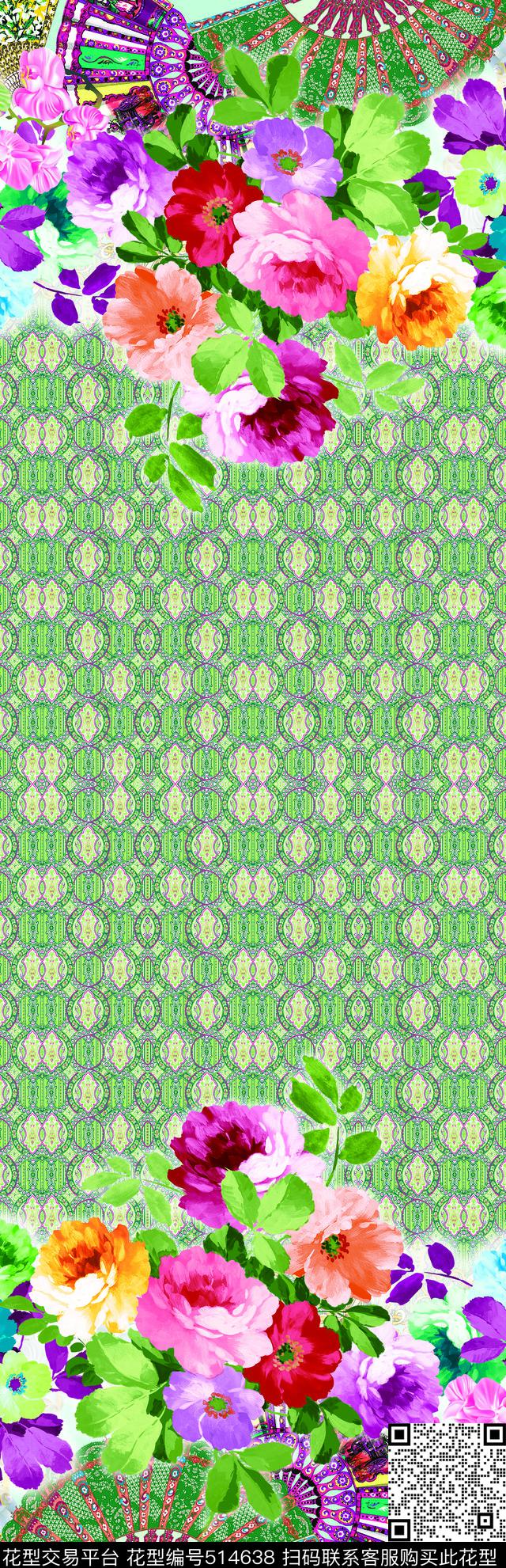 扇子花朵定位华亿平台数码印花华亿平台下载（图片编号: 514638） - 瓦栏（Walan）