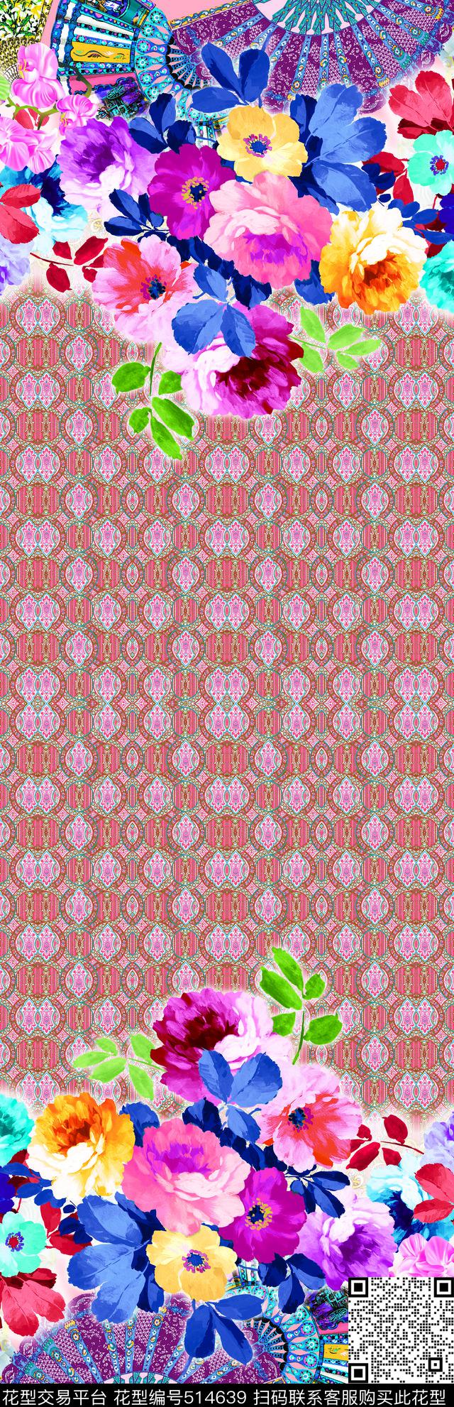 扇子花朵定位华亿平台数码印花华亿平台下载（图片编号: 514639） - 瓦栏（Walan）