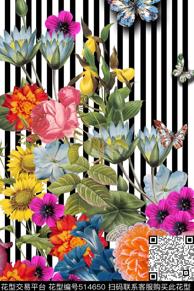 定位条纹花卉数码印花华亿平台下载（图片编号: 514650） - 瓦栏（Walan）