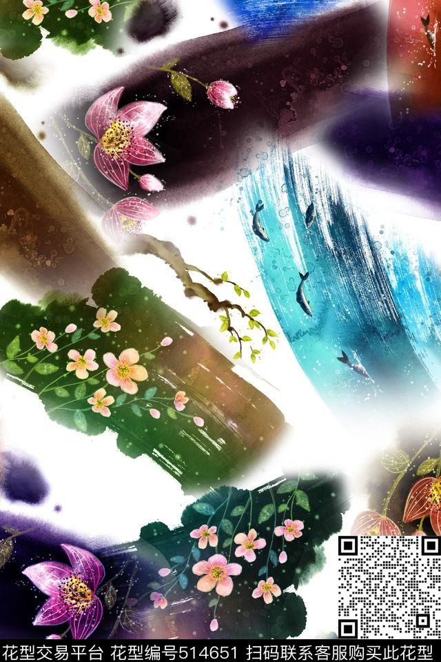 绘画荷花水墨笔触休闲风数码印花华亿平台下载（图片编号: 514651） - 瓦栏（Walan）