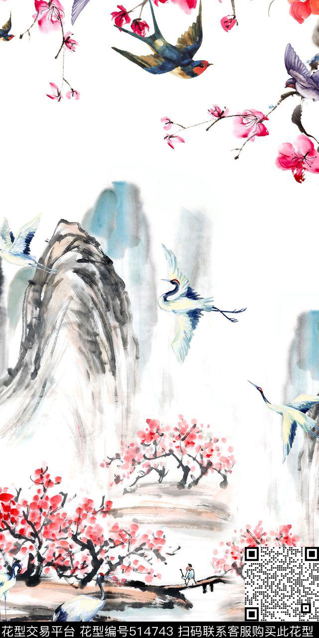 山水花卉鸟数码印花华亿平台下载（图片编号: 514743） - 瓦栏（Walan）
