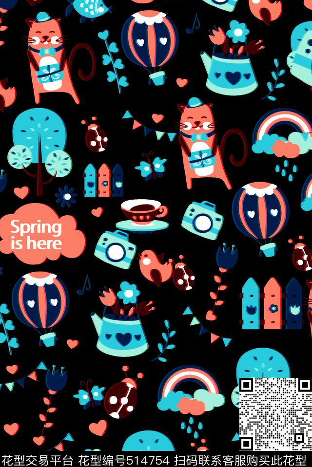 卡通春季元素传统印花华亿平台下载（图片编号: 514754） - 瓦栏（Walan）