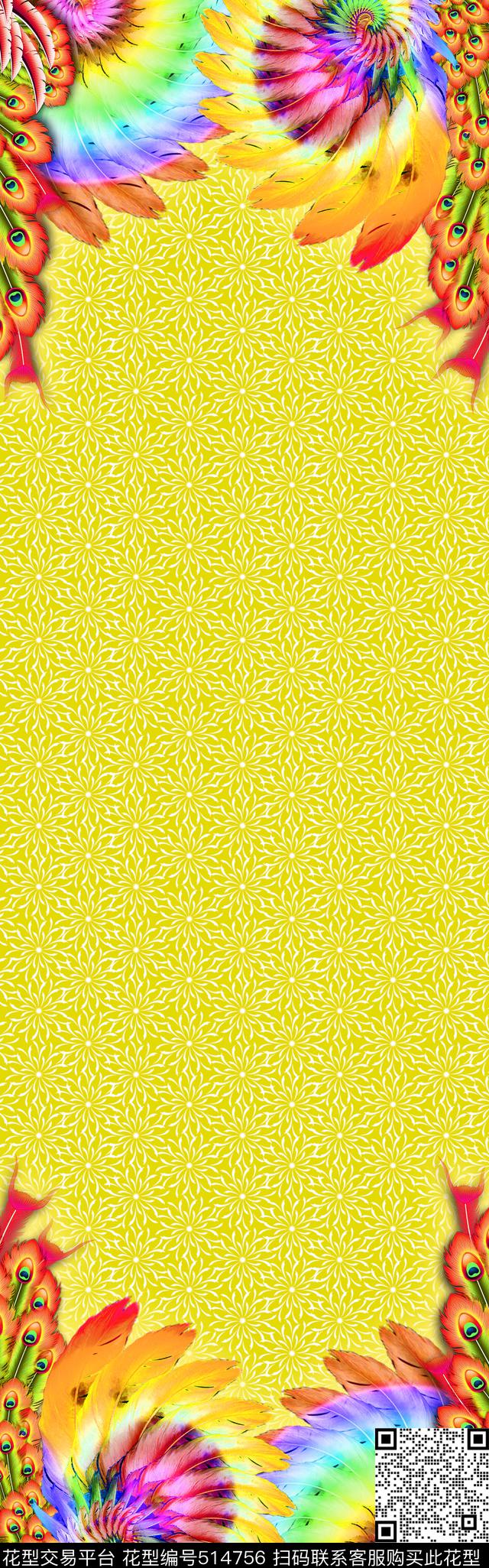 羽毛花朵定位花数码印花华亿平台下载（图片编号: 514756） - 瓦栏（Walan）