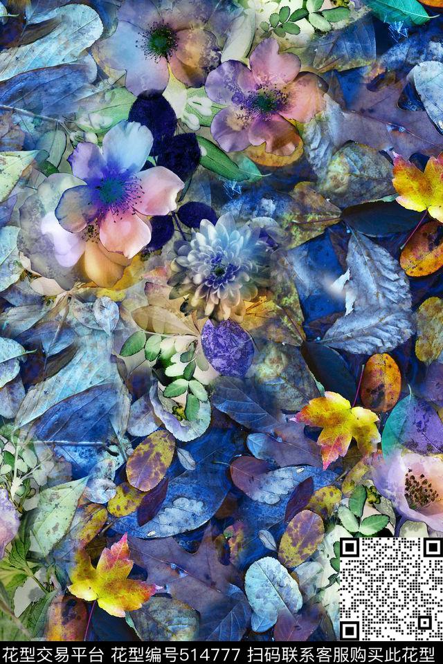 时尚水彩叶子花卉数码印花华亿平台下载（图片编号: 514777） - 瓦栏（Walan）
