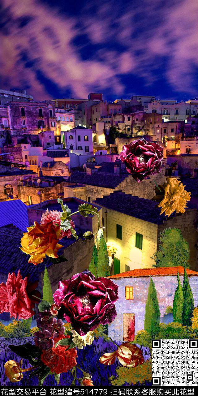 时尚风景花卉数码印花华亿平台下载（图片编号: 514779） - 瓦栏（Walan）