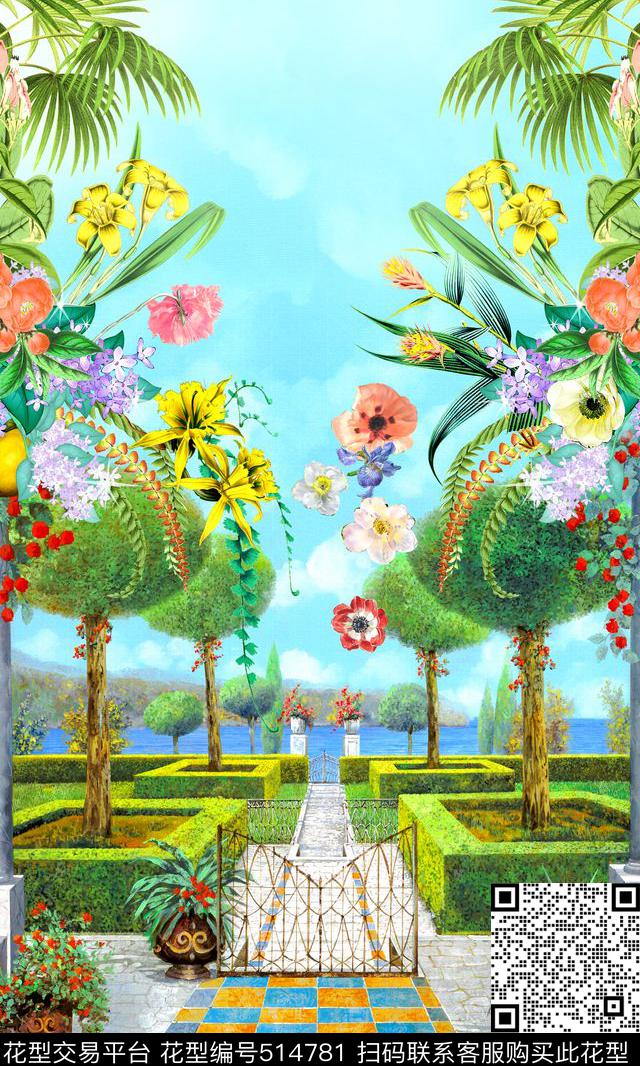 时尚风景花卉数码印花华亿平台下载（图片编号: 514781） - 瓦栏（Walan）