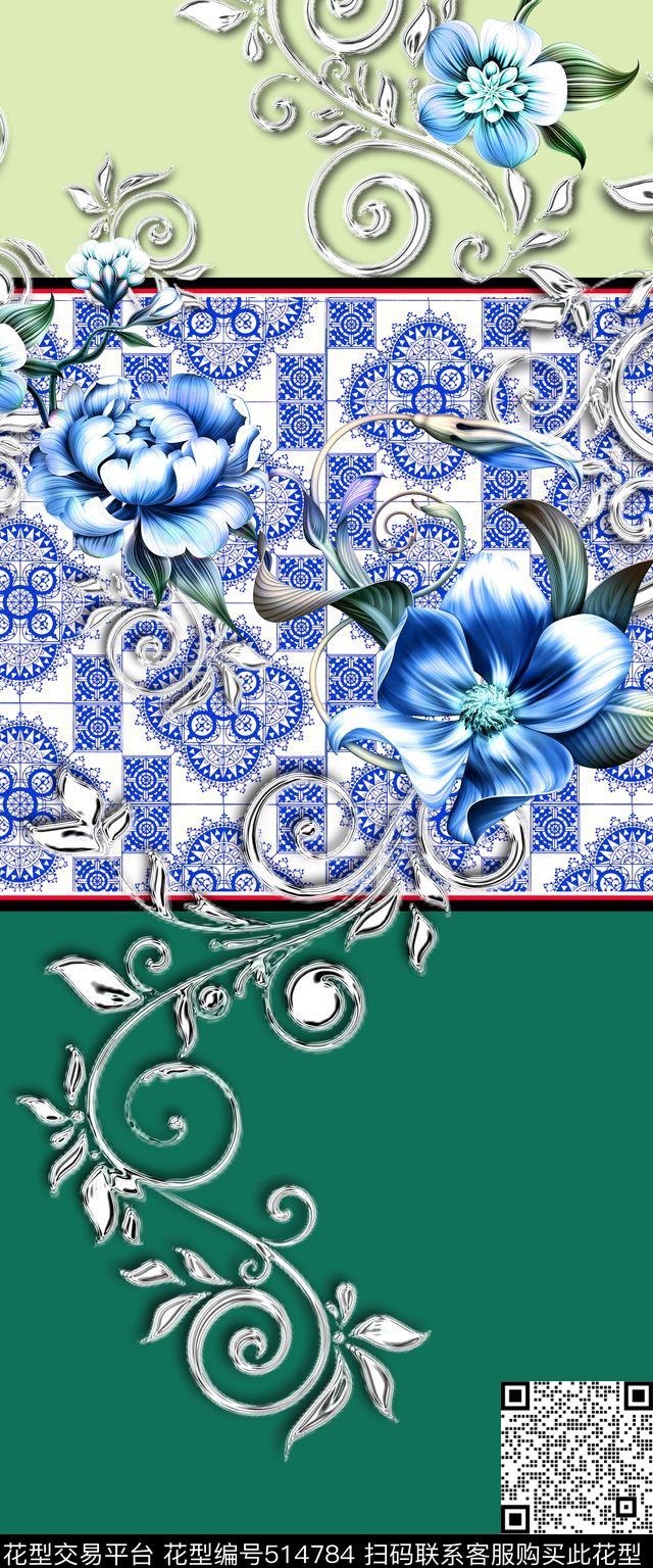 时尚青花卷草花纹数码印花华亿平台下载（图片编号: 514784） - 瓦栏（Walan）