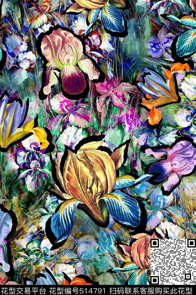 时尚油画花卉兰花数码印花华亿平台下载（图片编号: 514791） - 瓦栏（Walan）