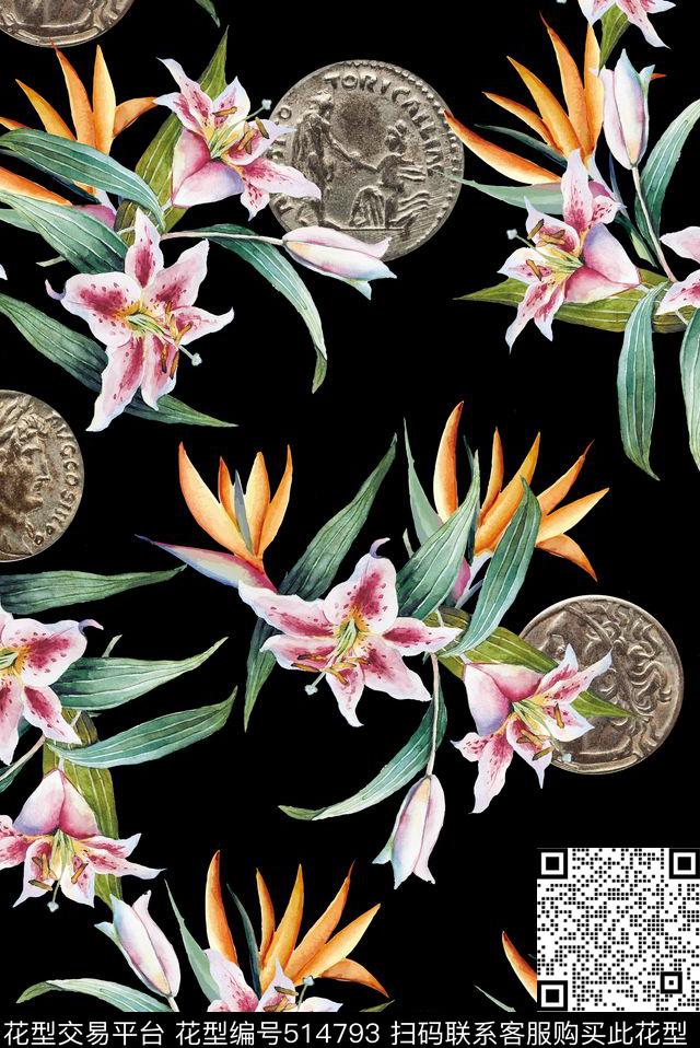 花卉古钱币蓝底数码印花华亿平台下载（图片编号: 514793） - 瓦栏（Walan）