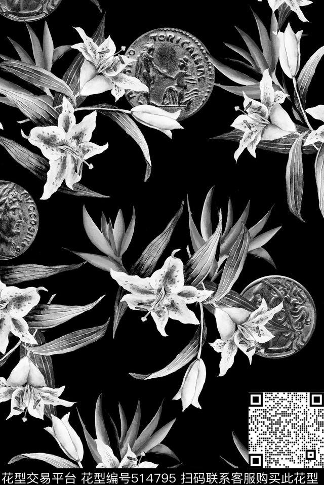 花卉古钱币蓝底数码印花华亿平台下载（图片编号: 514795） - 瓦栏（Walan）