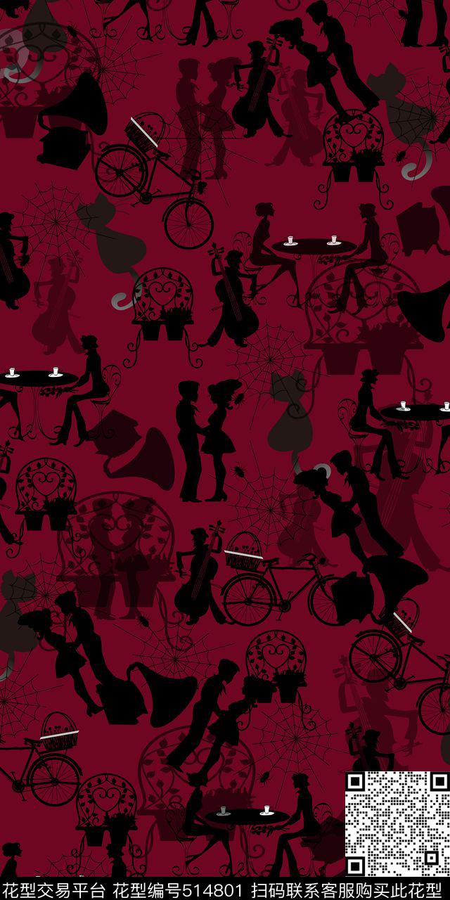 剪影人写意传统印花华亿平台下载（图片编号: 514801） - 瓦栏（Walan）