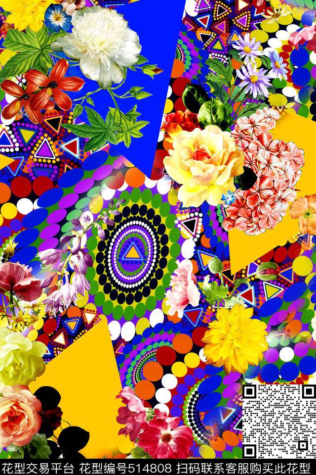 时尚几何拼接花卉数码印花华亿平台下载（图片编号: 514808） - 瓦栏（Walan）